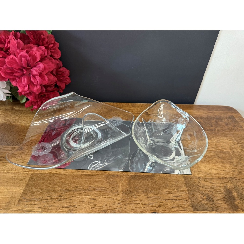 Vintage‎ Abstract Shape Cornflower Etched Glass Serving Dish and Footed Bowl